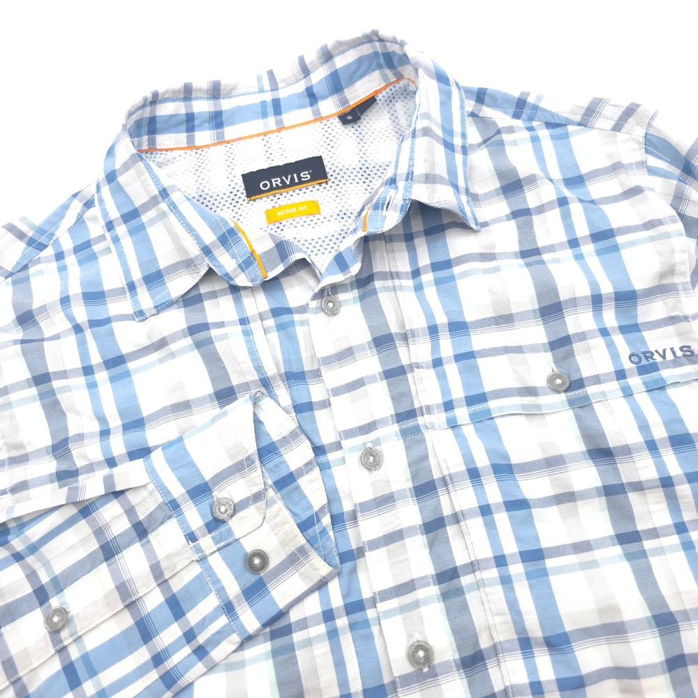Orvis Mens Small Active Fit Plaid Fishing Shirt Blue White Long Sleeve Roll Tab